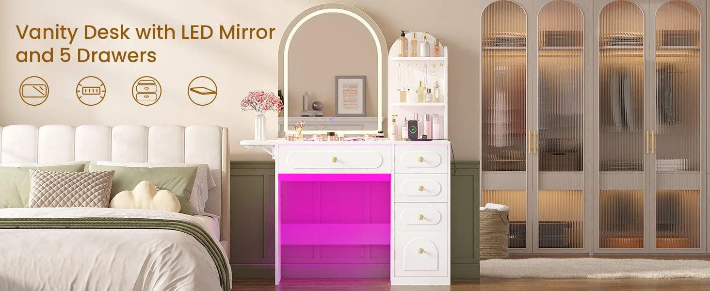 Arched Makeup Vanity with LED Lighted Mirror and Charging Station White