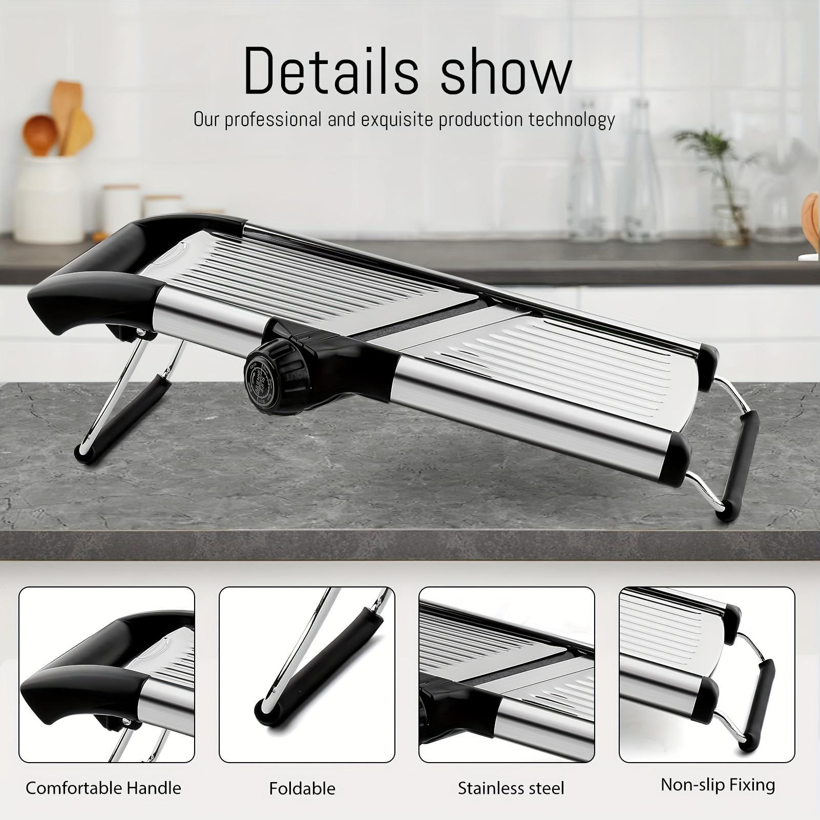 A Stainless Steel Vegetable And French Fry Slicer with Five Adjustable Blade Sizes, a Professional Mandoline Slicer, And an Onion Grater for Kitchen Additions
