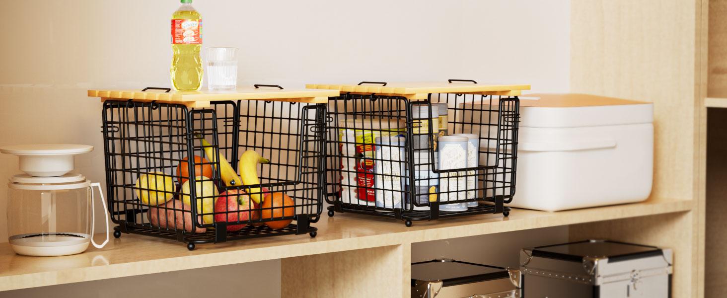 Wire Storage Basket for Kitchen Pantry: GGIU Stackable Kitchen Counter Organizers - Wire Organizing Bin for Produce Vegetable Potato and Onion Black