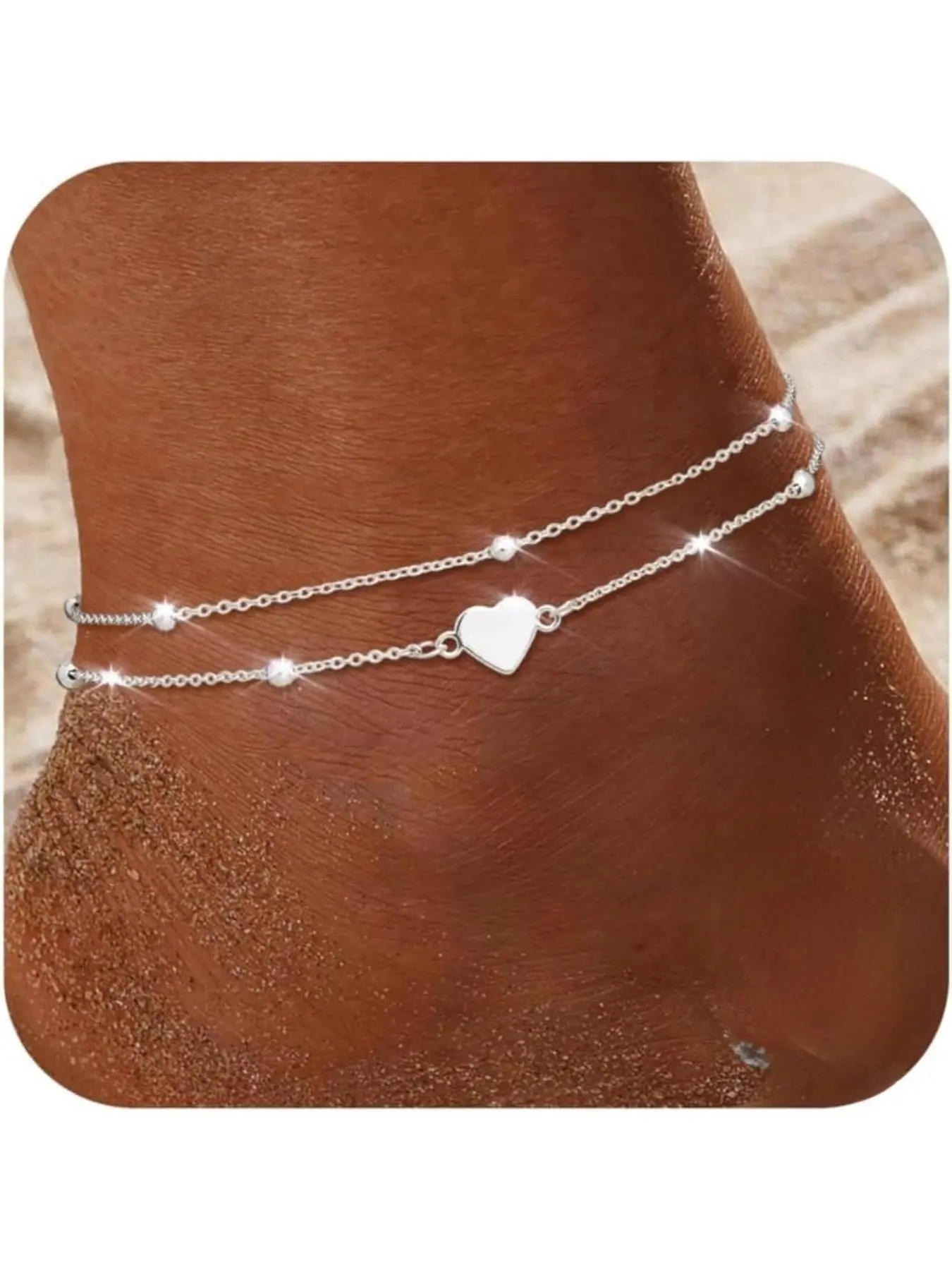 925 Sterling Silver Anklet Bracelet for Women Dainty Layered Waterproof Adjustable Silver Anklet Beaded CZ Heart Shaped Anklet Foot Jewelry Ankle Bracelets