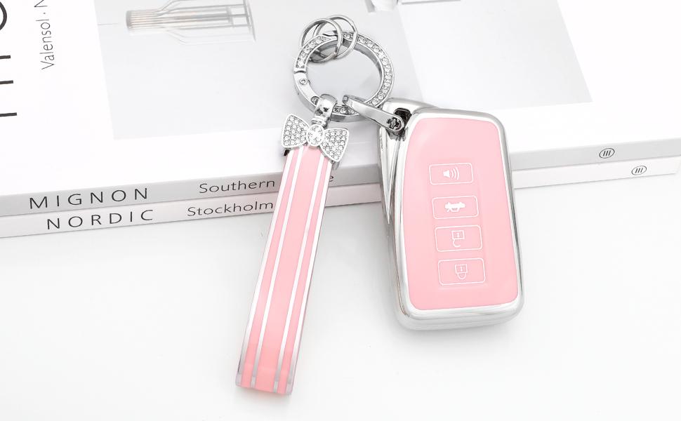 Key Fob Cover for Lexus RX is NX ES RC RX LX Pink 4 Button Car Keys Case Shell Accessories Bling Keychain Lanyard Full Protector Covers Girly Female TPU