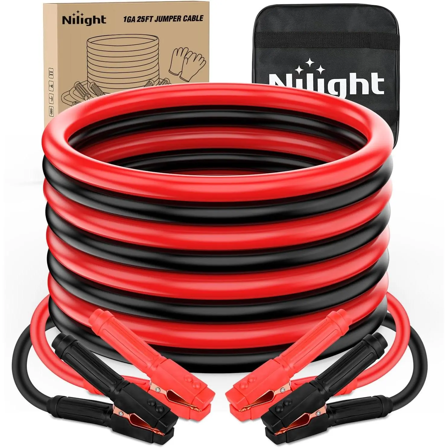 Nilight Heavy Duty 1-Gauge 25 FT 900 A CCA Copper Car Battery Jumper Cables Kit, Tangle-Free Copper Clad Aluminum Booster Cables with PVC Clamps, Gloves, Storage Bag for Pickup Trucks, Freight Vehicles (Excellent Performance)