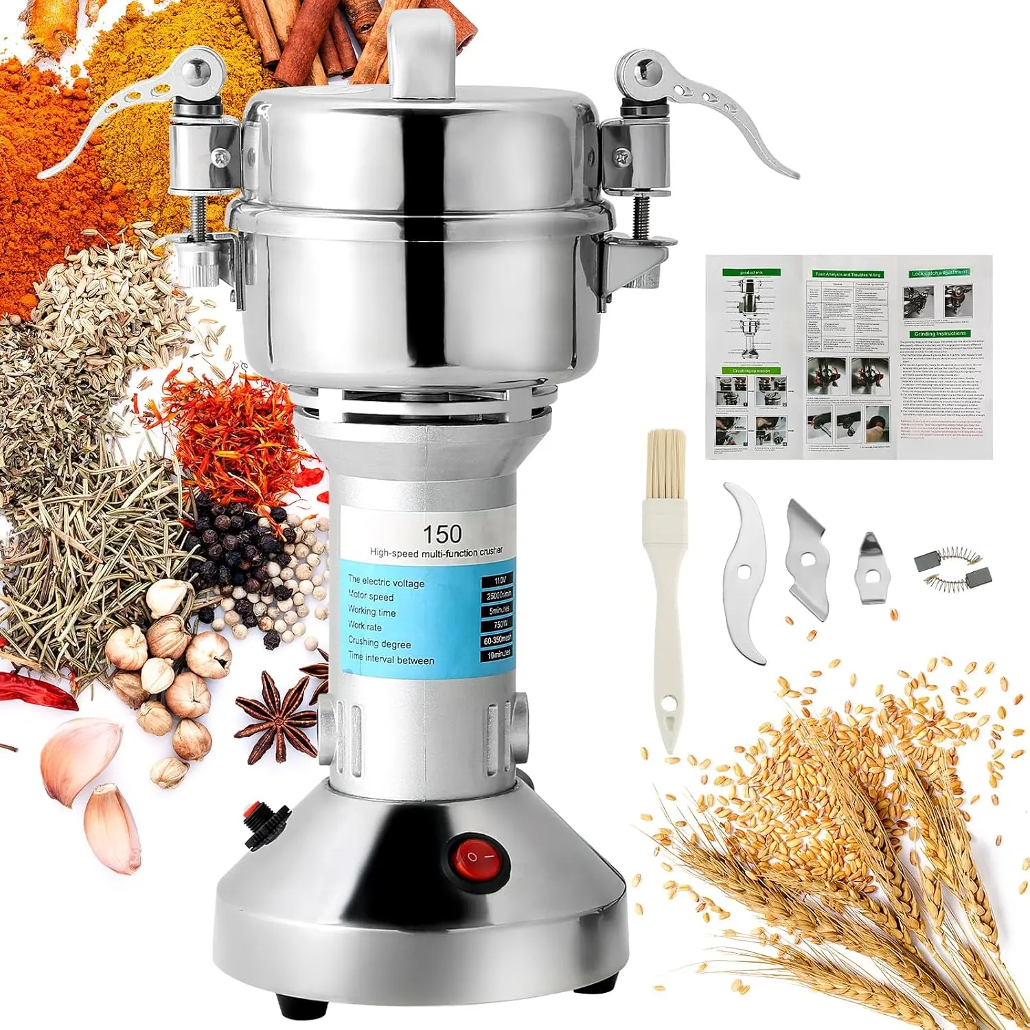 High Speed 150g Electric Grain Mill Machine    750W | 70-300 Mesh 28000RPM Stainless Steel Commercial Grade for Kitchen   Pepper Coffee