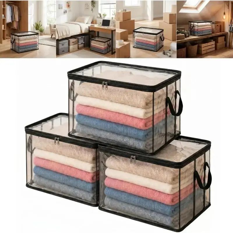 Large, transparent, thick plastic storage box with a hinged lid. Heavy-duty, durable, high-capacity storage box, Clear Storage Bins, perfect for home, camping, travel, attic, and moving, Clear Containers
