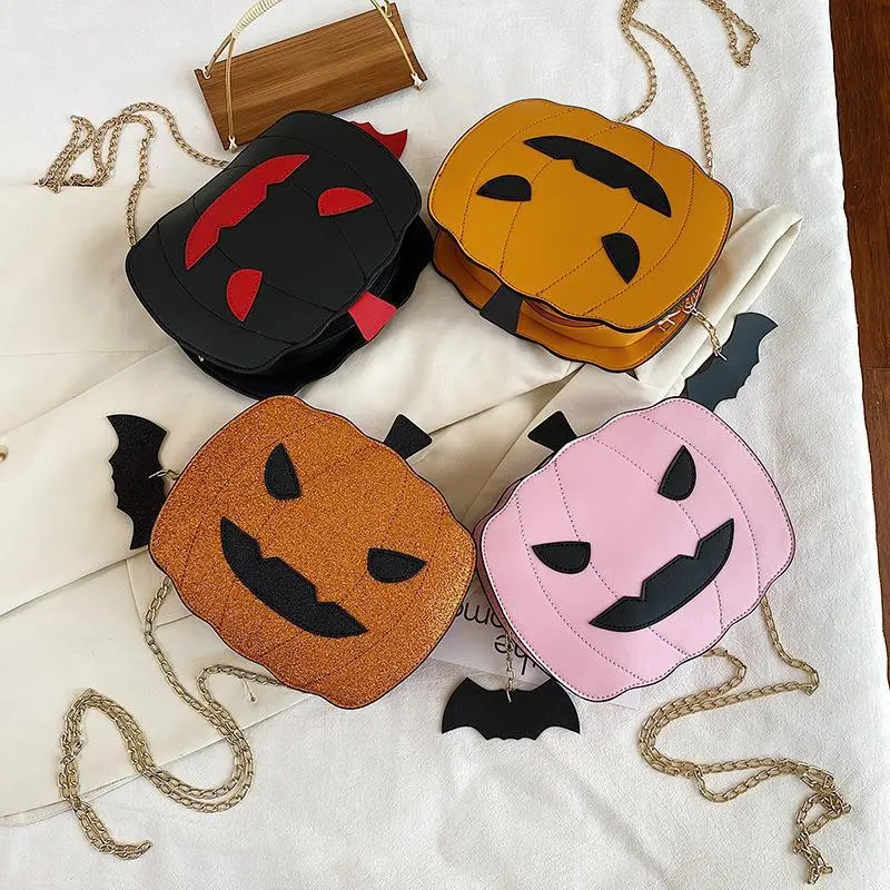 Irregular Funny Pumpkin Square Bag, Novelty Halloween Women Purse, Sequin Chain Crossbody Handbag