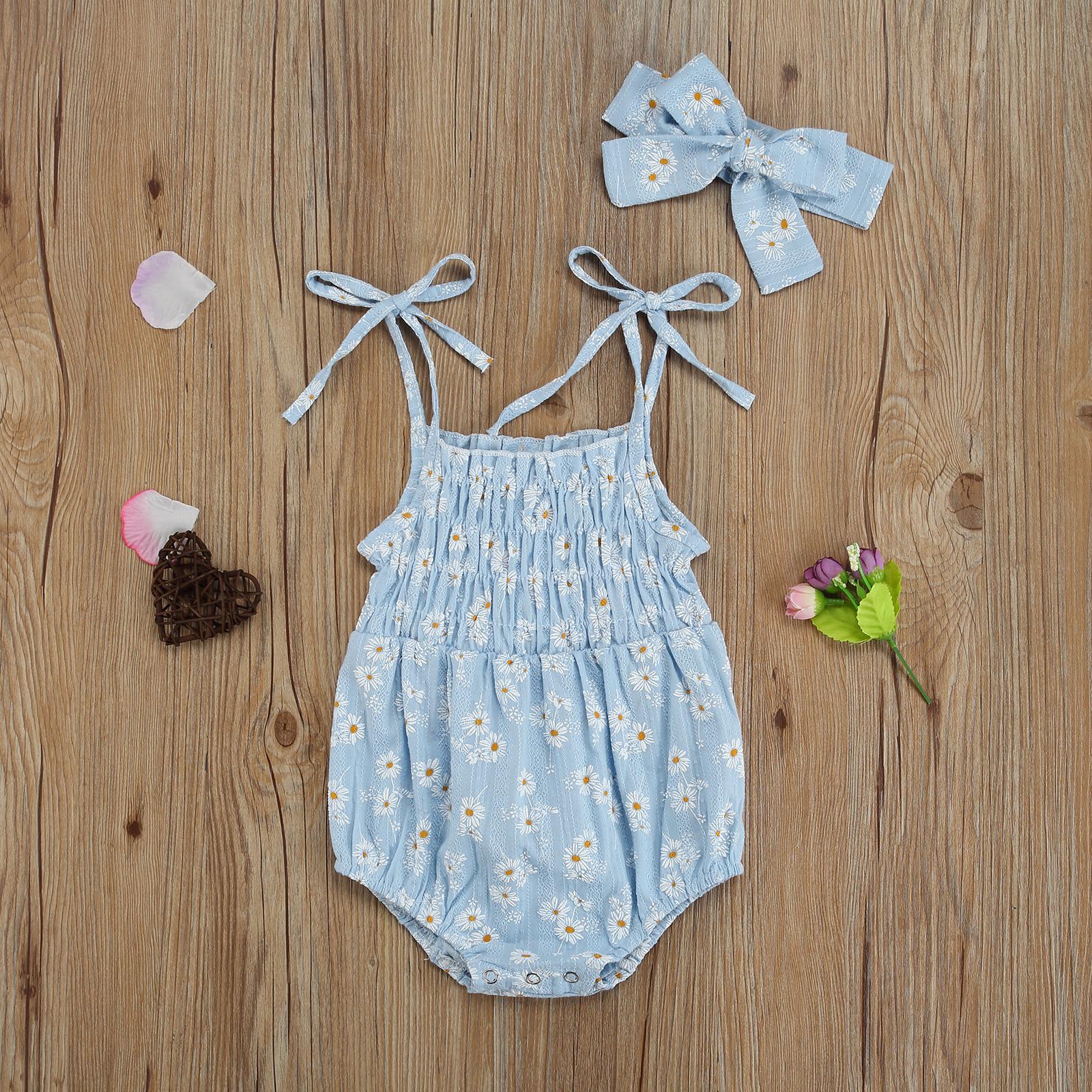 Newborn Baby Girl Bodysuit Sleeveless Daisy Pattern Halter Frill Romper  Jumpsuit with Headband Summer Clothes Set