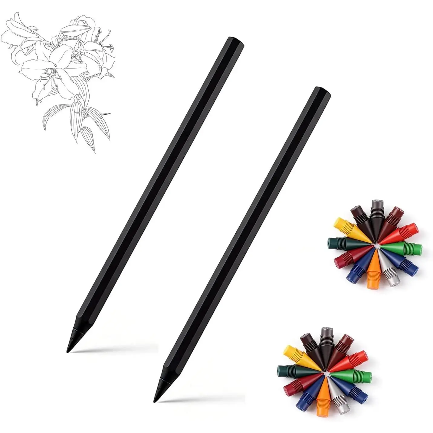 2-Count Inkless Metal Alloy Forever Pencils with 24 Colored Refill Inkless Tips, Drawing Tool Ideal for Sketching & Drawing (Office Stationery Writing Tool)