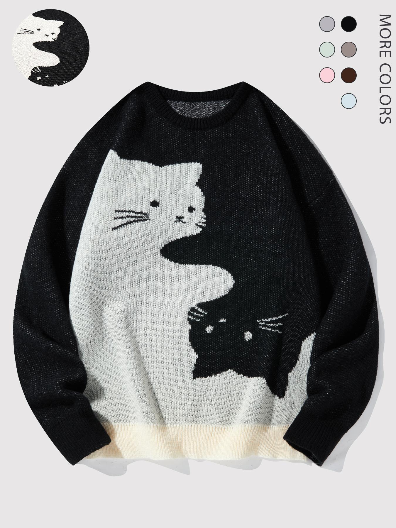 #Springfresh Love Men's / Unisex Cartoon Cat Jacquard Crew Neck Sweater Loose Casual Long-sleeve Knitwear Fashionable Autumn and Winter Knitwear Daily Wear Pullover College Style Versatile Trendy Brand SpringStatements