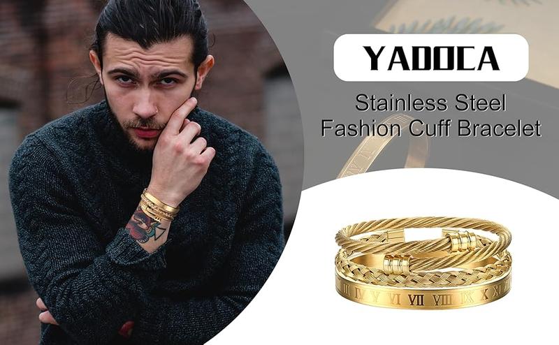 YADOCA 3Pcs Stainless Steel Bracelets for Men Roman Numeral Bangle Bracelet Adjustable Cuff Bracelet Twisted Cable Bracelet Mens Luxury Bracelets Jewelry Gifts Gold/Silver/Black