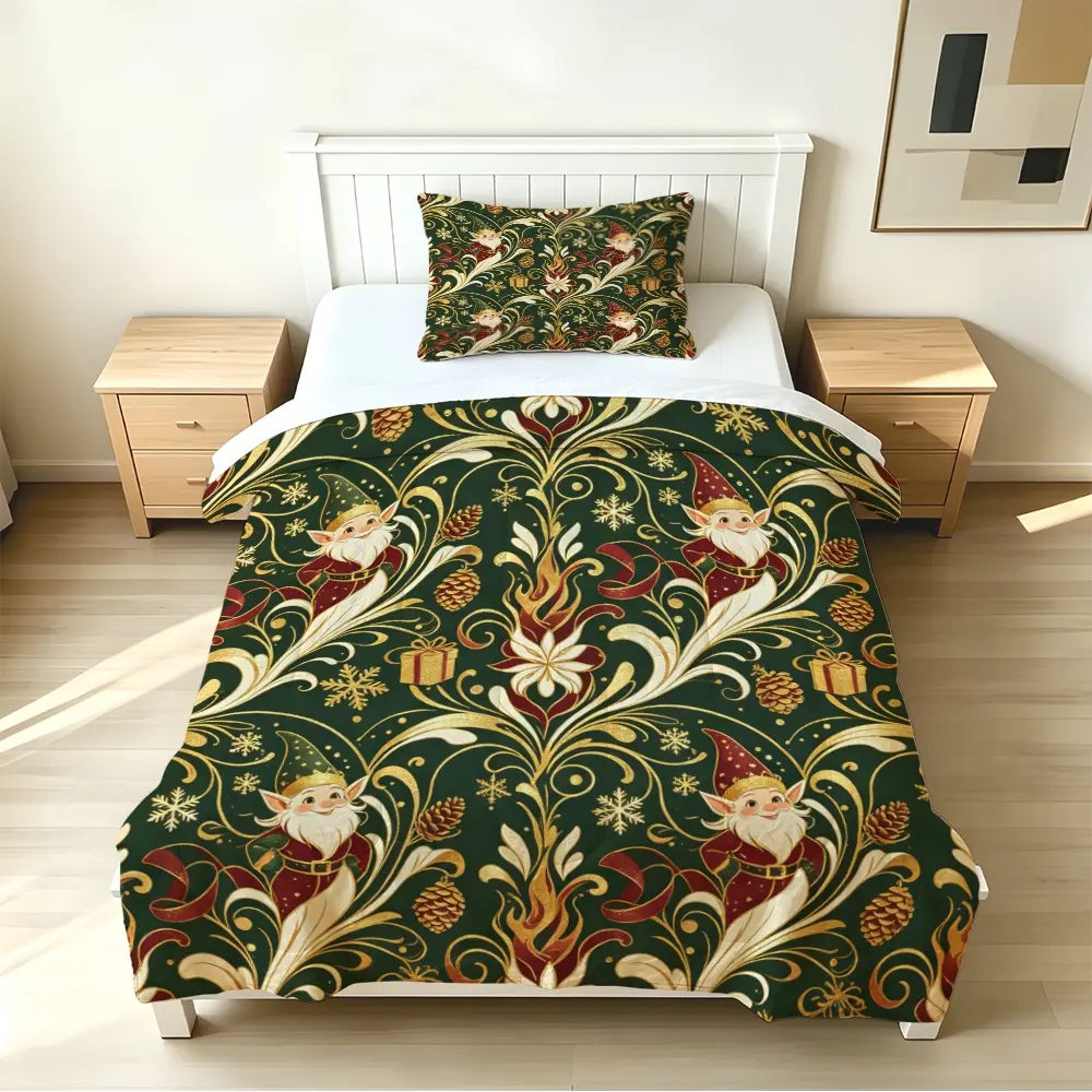 2/3pcs (1 comforter + 2 pillowcases) Christmas Gnome Vintage Damask Bedding Set, Soft Microfiber Lightweight Cozy Comforter Set, Fade Resistant All-Season Comfort, with Matching Pillowcases, Perfect for Bedroom Guest Room Dorm (includes filling, no