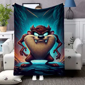 Stylish flannel blanket with a Tasmanian devil theme, featuring a dark cartoon character, suitable for all seasons. Soft and comfortable blanket for the sofa, perfect for the bedroom, couch, or office - the ideal gift for anniversaries.
