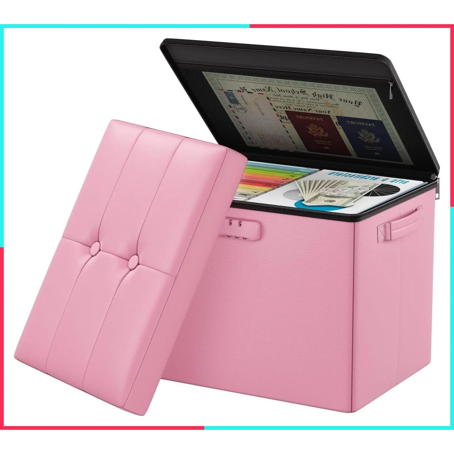 Storage Ottoman Foot Rest Stool with Lock & Handles, Fireproof Folding Leather Bench with Hidden Storage for Living Room, Bedroom, Home Office, Dorm, 17x13x13in, Pink