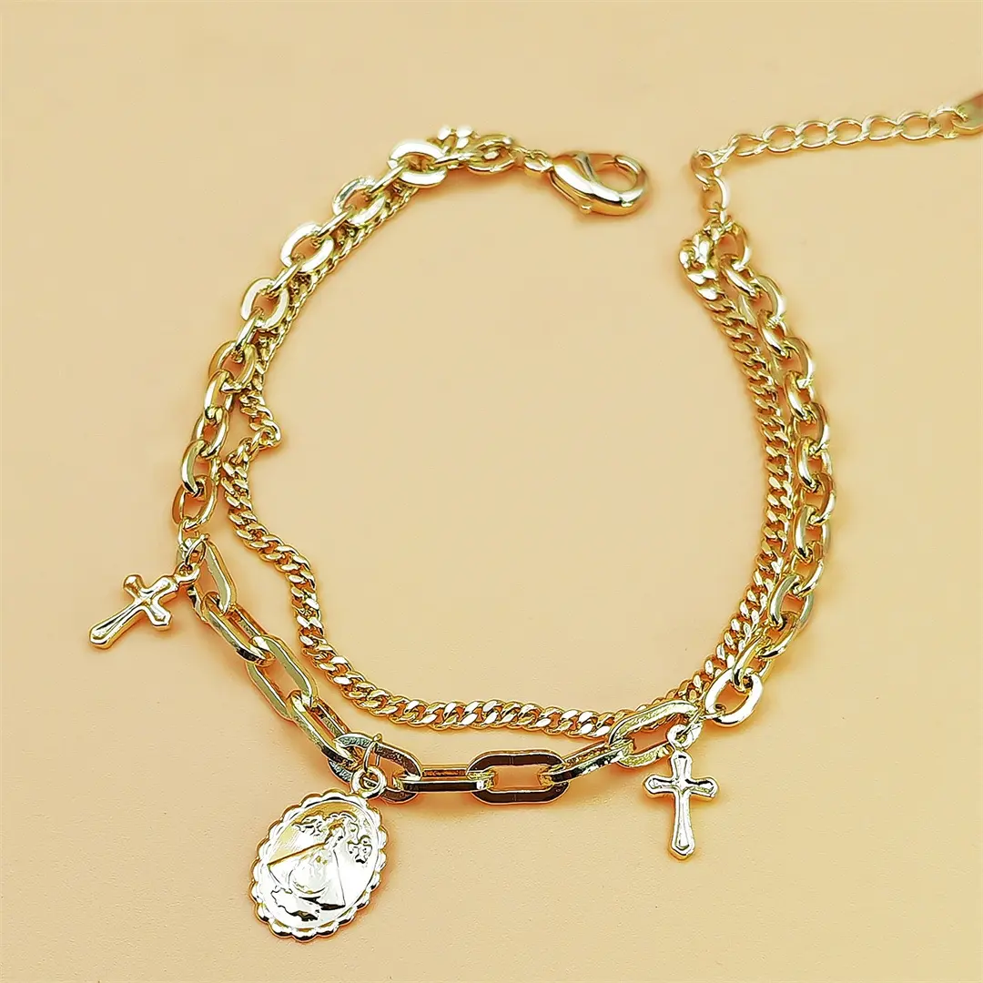 Vintage Religious Double Layer Gold Bracelet Paperclip & Curb Chain Cross Virgin Mary Oval Pendant Stackable Unisex Geometric Wrist Jewelry With Extension Chain