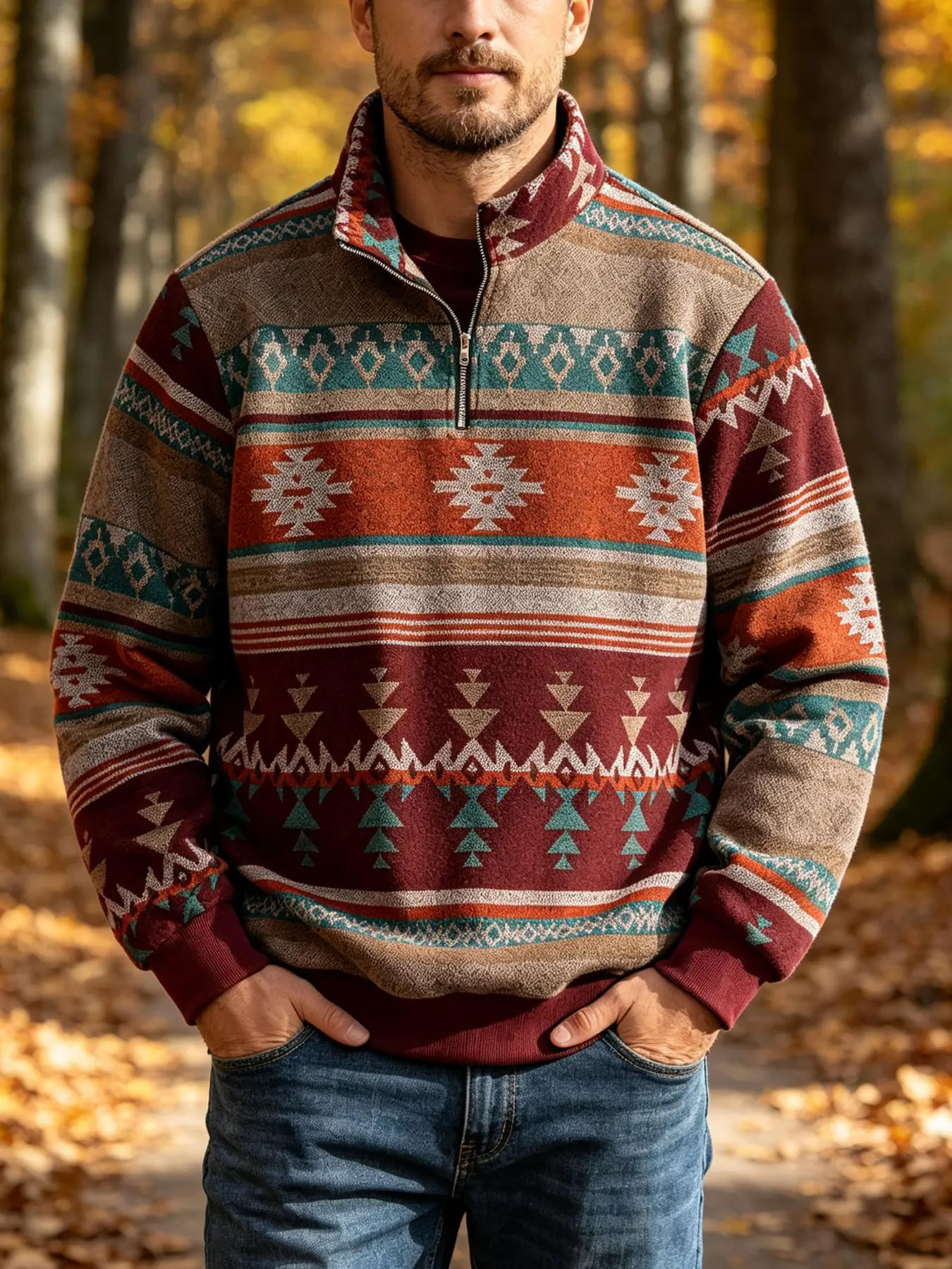 Men Retro Ethnic Aztec Pattern Quarter Zip Sweatshirt, Stand Collar Loose Fit, Long Sleeve Pullover, Casual Fall Winter Streetwear Top