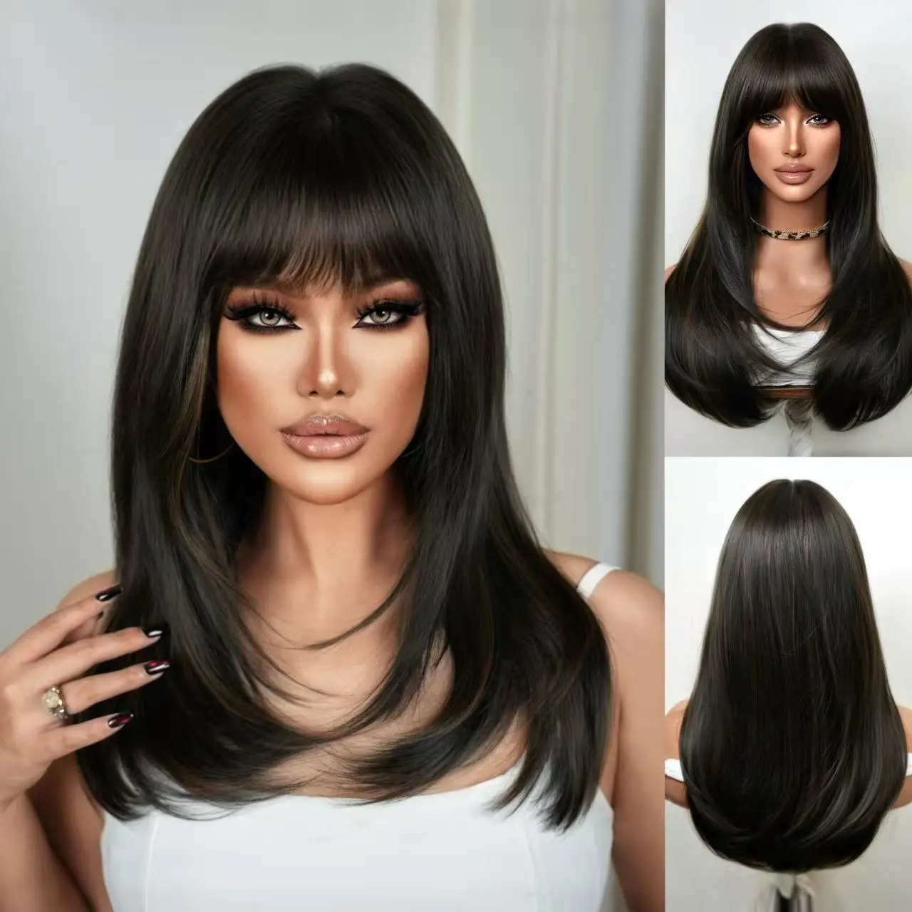 Women's 24-in Black Synthetic Hair Wig with Brown Highlights, Long Straight Layered Bangs, Natural-Looking Heat-Resistant Synthetic Full Machine Wig for Daily & Party Wear