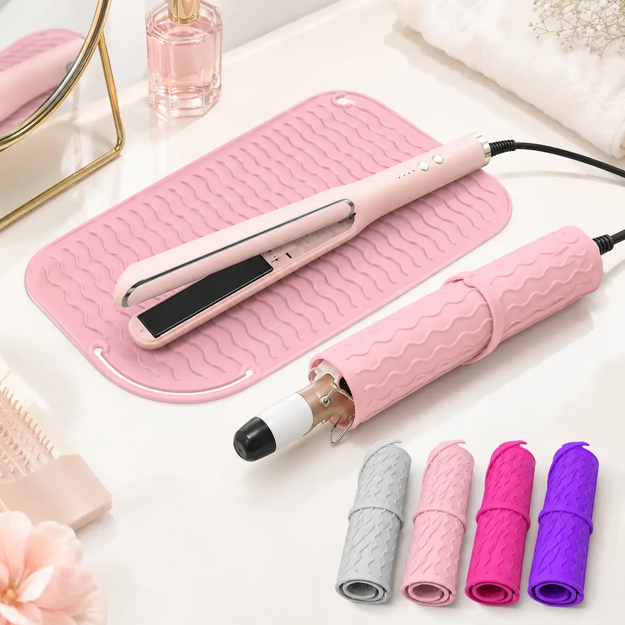 No More Burn Marks!2-in-1 Silicone Heat Resistant Mat & Pouch for Curling Iron, Flat Iron & Hot Hair Tools Daily Gris