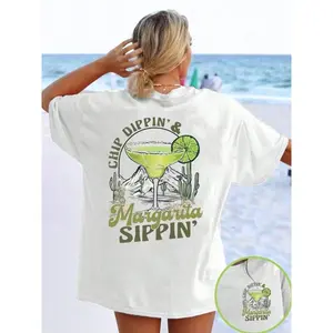 Oversized Lightweight Beach Vacation Graphic T-Shirt, Round Neck, Crewneck, Chip Dippin' & Margarita Sippin' Funny Drinking Tee, Summer Casual Top, Soft Breathable Tshirt for Women & Men, Beach Trips & Vacation Outfits