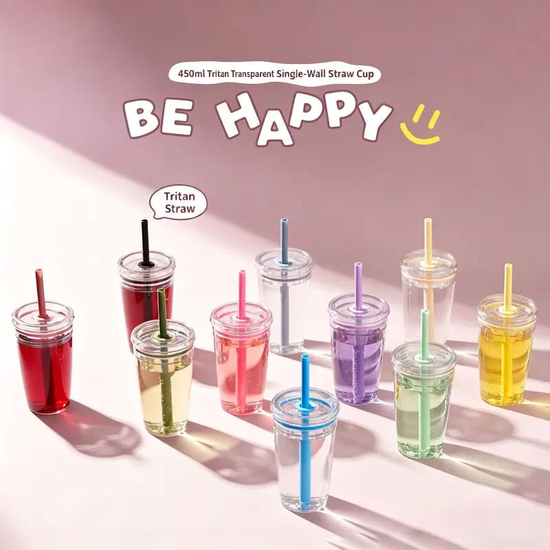 2026 new cross-border 450ml single-layer Tritan straw cup milk tea cup coffee cup multi-color candy straw cup