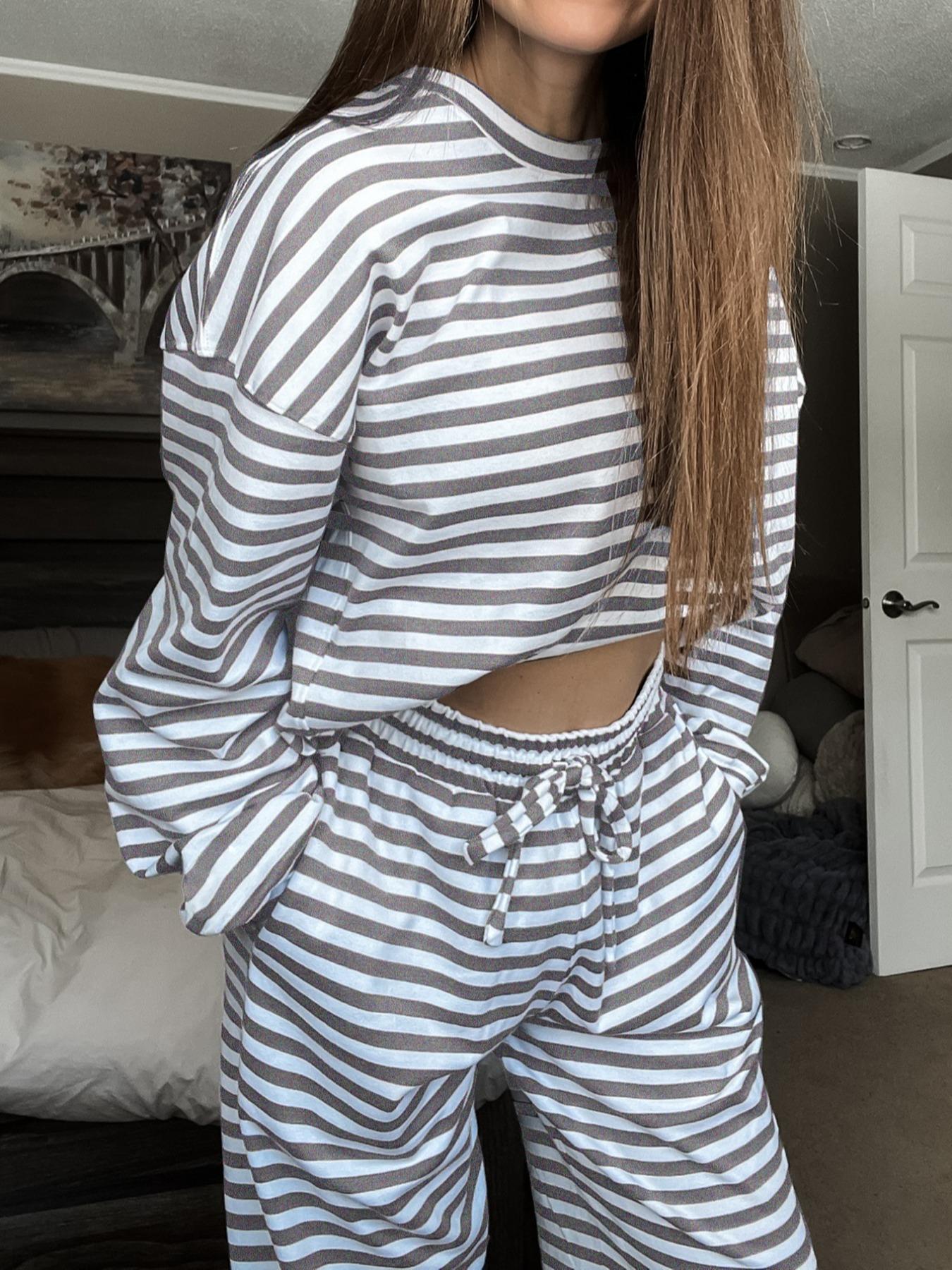 Women's Casual Striped Long Sleeve Top & Pants Set, Comfortable Loose-Fitting Two-Piece, Fashionable Clothing for Daily Wear