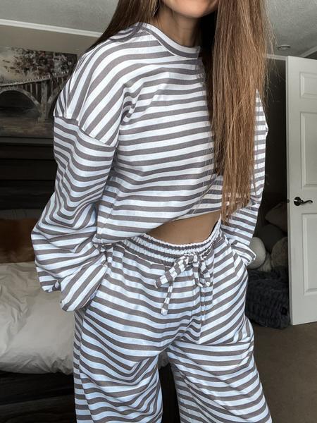 Women's Casual Striped Long Sleeve Top & Pants Set, Comfortable Loose-Fitting Two-Piece, Fashionable Clothing for Daily Wear Women's Casual Striped Long Sleeve Top & Pants Set, Comfortable Loose-Fitting Two-Piece, Fashionable Clothing for Daily Wear