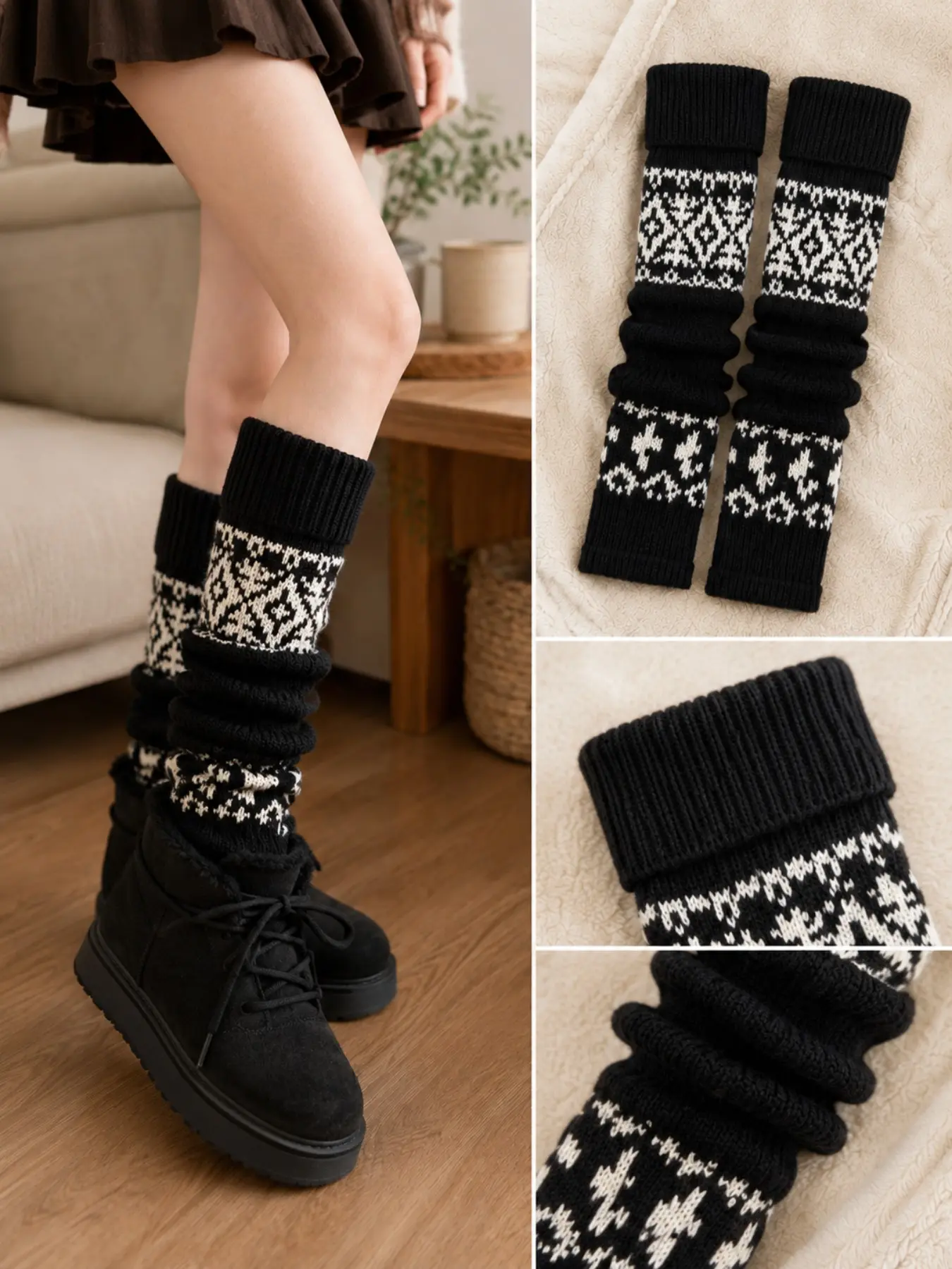 Women’s Winter Knit Leg Warmers, Fair Isle Slouchy Loose Boot Socks, Thick Cozy Casual Sock Covers for Snow Boots, Sneakers, Skirts, Daily Outfits & Cold Weather