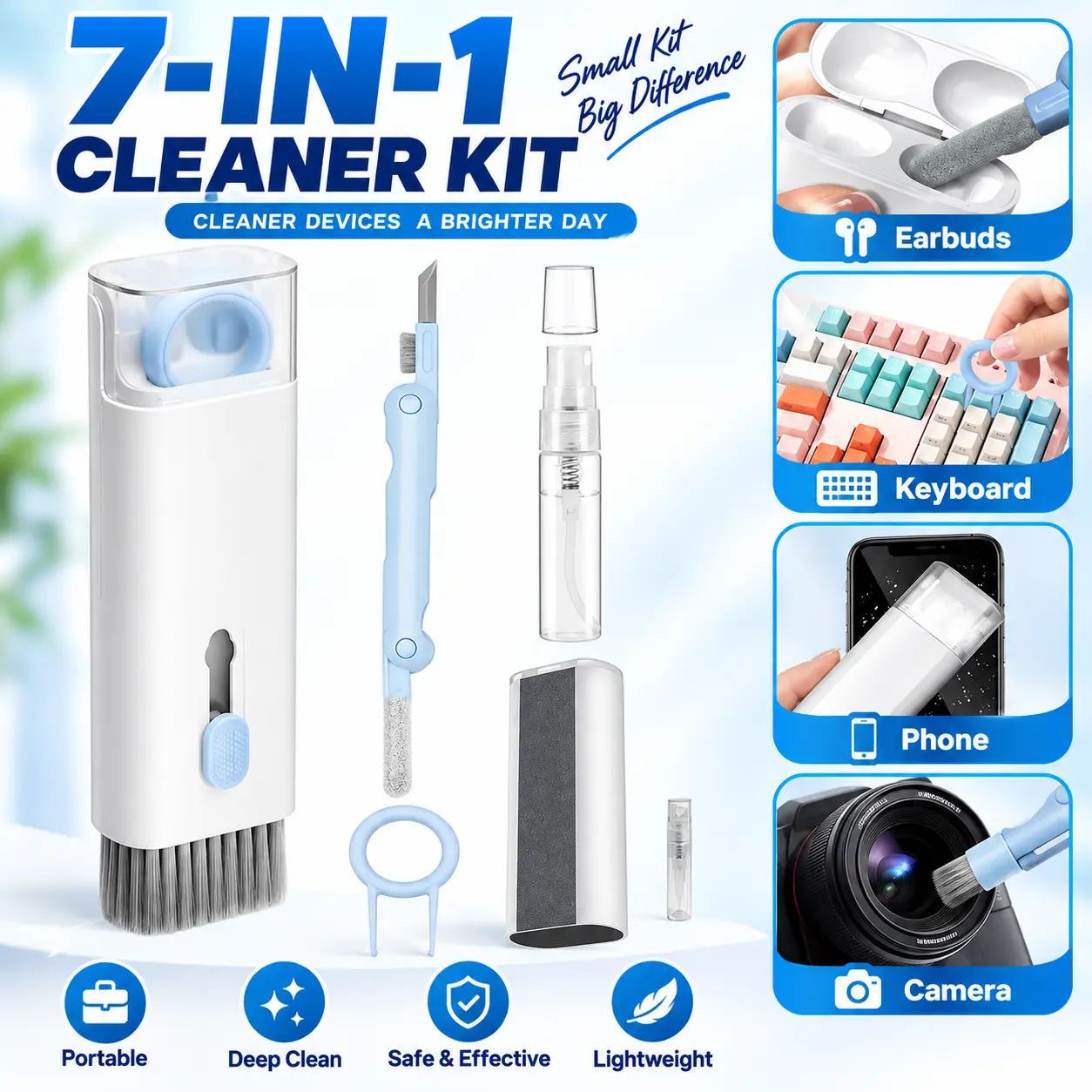 Portable 7-Piece Electronics Cleaning Tool Set, All-in-One Compact Cleaning Kit with Multi-Functional Nylon Brushes, Flocking Sponge & Easy Keycap Puller, Practical Dust Removal and Detail Cleaning Accessories for Computer Keyboards, Wireless Earbuds, Mob