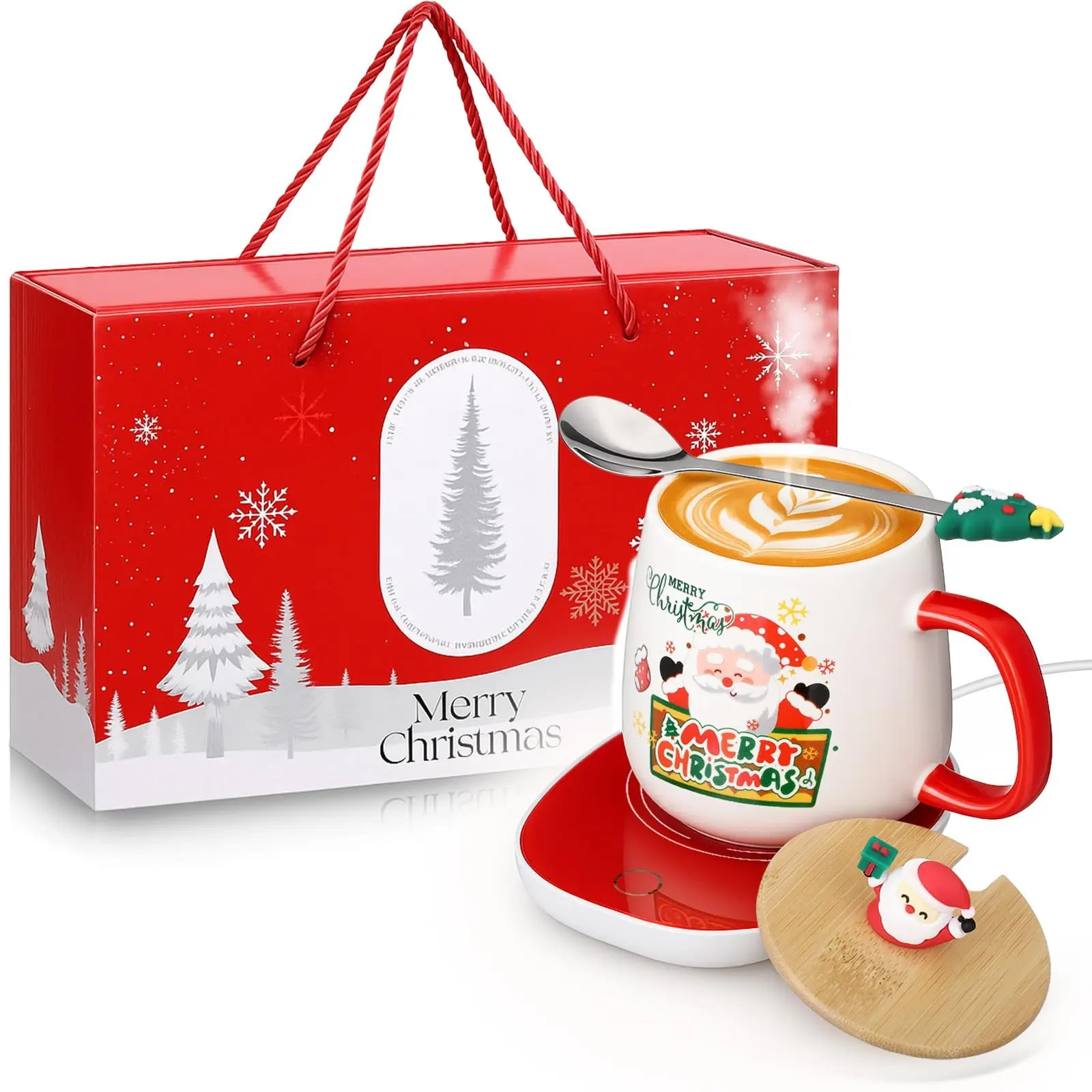 Christmas Cup Mat Heating Cup Gift Set, 17oz Ceramic Tea Cup with Spoon, Adjustable Temperature, Office Use, Women's Birthday Gift