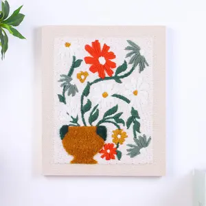 Punch  Kit for Beginners | Punch Embroidery with Red & White Flower   Beige Backdrop | Craft Kit Includes Embroidery Tools, Yarns, Book & Video Tutorial | Gifts for Women