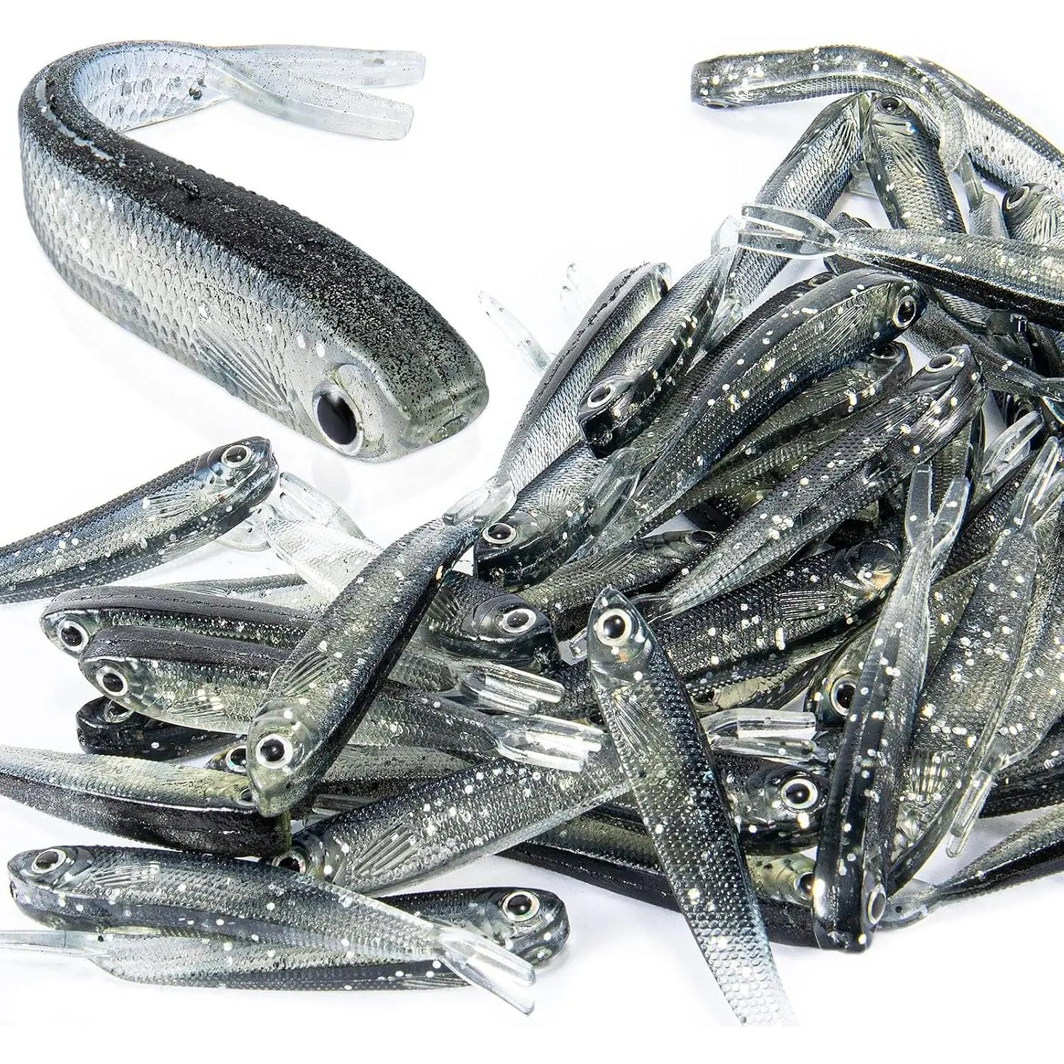 50-Count Plastic Soft Rubber Fishing Lures, Lifelike Forked-Tail Minnow Baits Tackle for Saltwater, Freshwater Bass, Crappie, Walleye Fishing