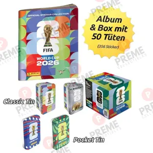 The Panini FIFA World Cup 2026 official sticker and soft cover album collection BOX and Classic / Pocket Tin NEW includes Kylian Mbappé, Jude Bellingham, Lamine Yamal, Erling Haaland, Vinícius Jr.