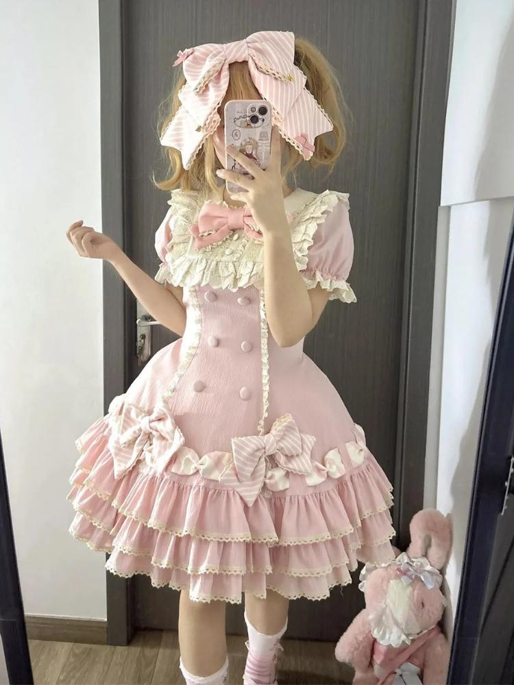 Japanese Sweet Lolita Kawaii Elegant Dress Women Princess  Bow Fake Two Piece Dresses Female Korea Style Design Chic Outfits