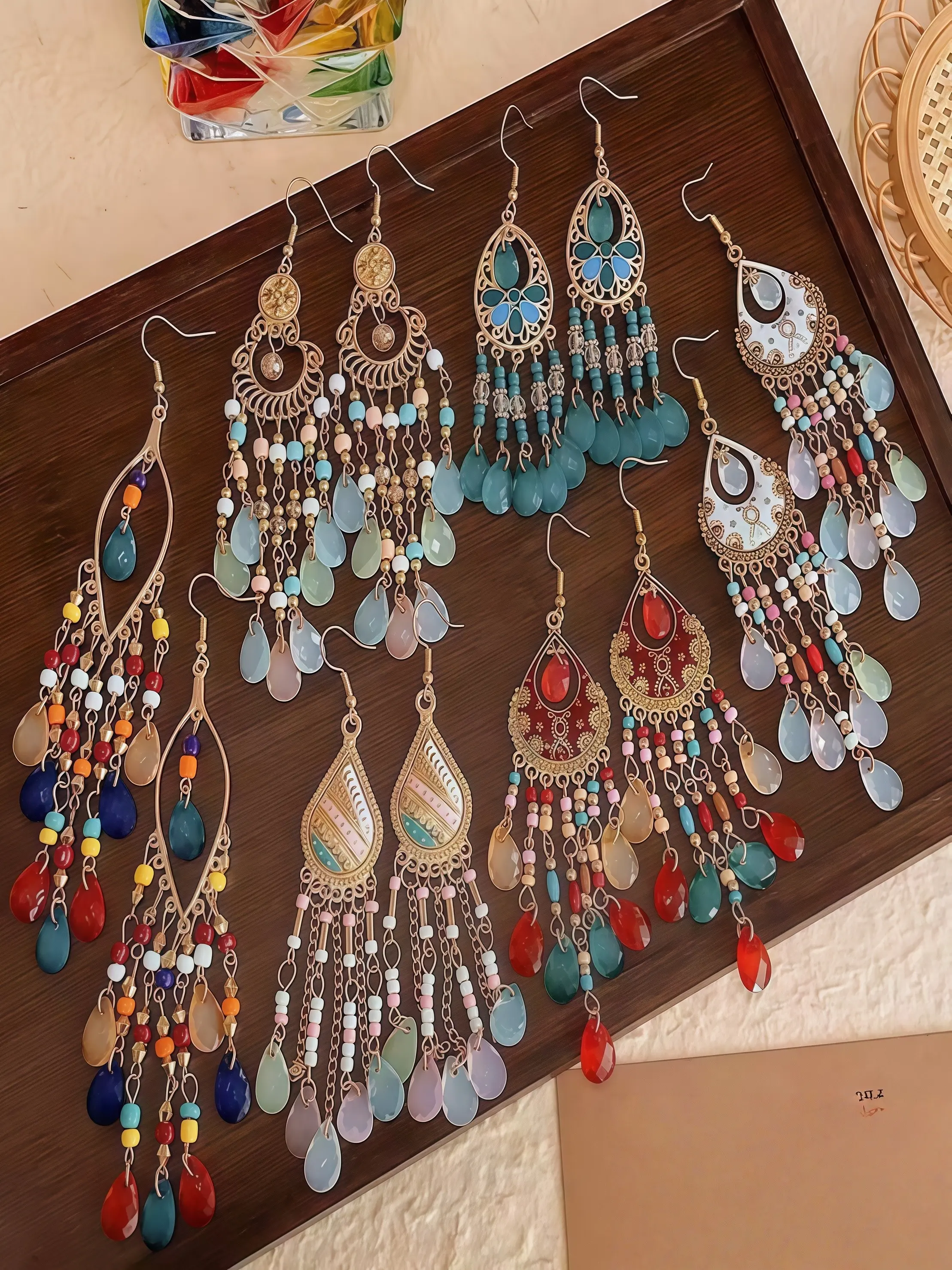 6 Pcs Boho Fringe Long Earrings Set, Ethnic Style Dangle Ear Jewelry, Vintage Multicolor Drop Earrings for Women