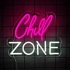 Chill Zone Neon Signs for Wall Decor, LED Neon Light USB Powered Light Up Signs for Home Lounge Game Room Bar Bedroom Wall Art Man Cave Decor (Pink+White)