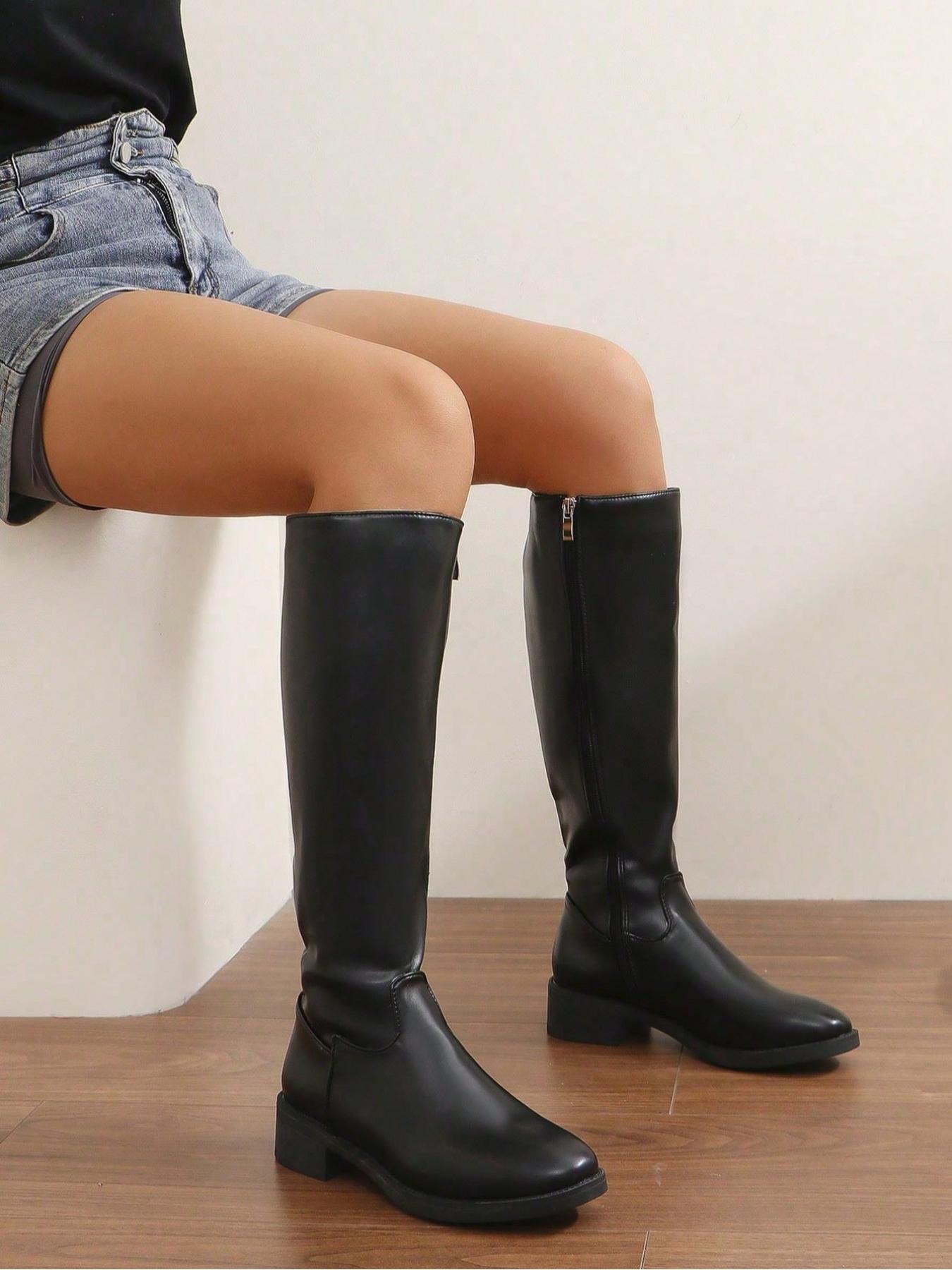 Knee-high zipped boots for autumn and winter, Round toe boot, made of smooth PU leather, easy to clean, classic women's riding boots, warm and comfortable, versatile boots