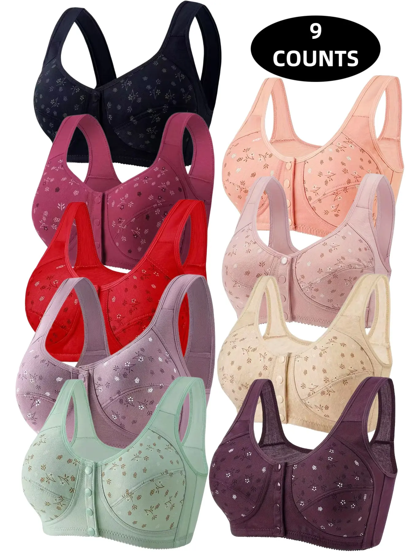 9-Pack Floral Push-Up Bras, Wireless Full Coverage, Comfortable Breathable, Front Buckle Design, Elderly Friendly, All Seasons