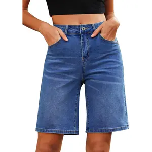 Jean Bermuda Shorts for Women High Waisted Trendy Long Stretchy Denim Shorts Knee Length Casual Summer Jorts(Gift)