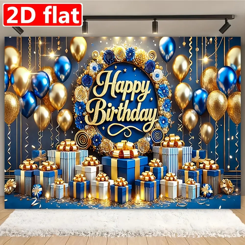 2D Flat Blue and Gold Happy Birthday Polyester Photography Backdrop Sheet, HD Digital Printing Soft Lightweight Foldable Background Cloth, for Party Events, Portrait Photoshoots, Video Studios