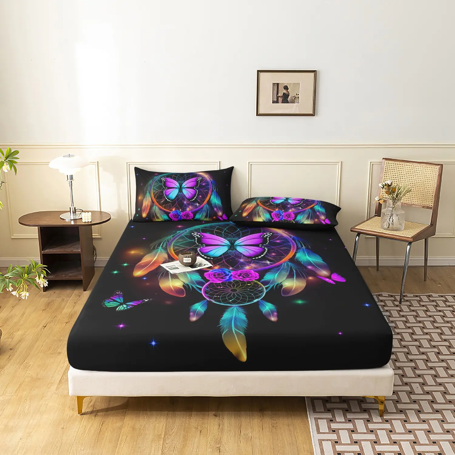 3Pcs Rainbow Dreamcatcher Print Fitted Sheet Set, Black Starry Butterfly Colorful Feather Purple Floral Boho Pattern Bedding, Machine Washable Soft Breathable Bedding Linen (1 Fitted Sheet + 2 Pillowcases, No Pillow)