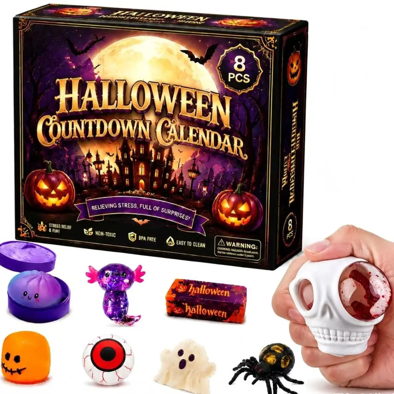 8 Pcs  Malt Sugar Squishy Box, Slow-Rising Stress Relief Fidget Toys, Sensory Play Bundle, Assorted Styles for Party Favors & Gifts，Halloween Mystery Gift Box, Fidget Squishies