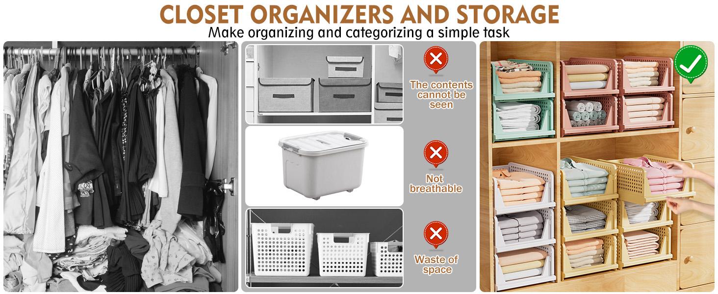 7CODE 20-Pack Plastic Stackable Closet Storage Basket, Foldable Multifunctional Home Organizing Organizer for Bathroom, Kitchen, Space-Saving Clothes Drawer Storage, White