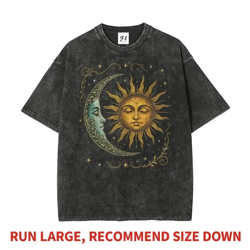 Sun and Moon Graphic T-Shirt for Women, Comfortable 100% Cotton Top with a Vintage Boho Celestial Style, Relaxed Fit Shortsleeve for the Beach, Casual, Round Neck, Tshirt, Streetwear