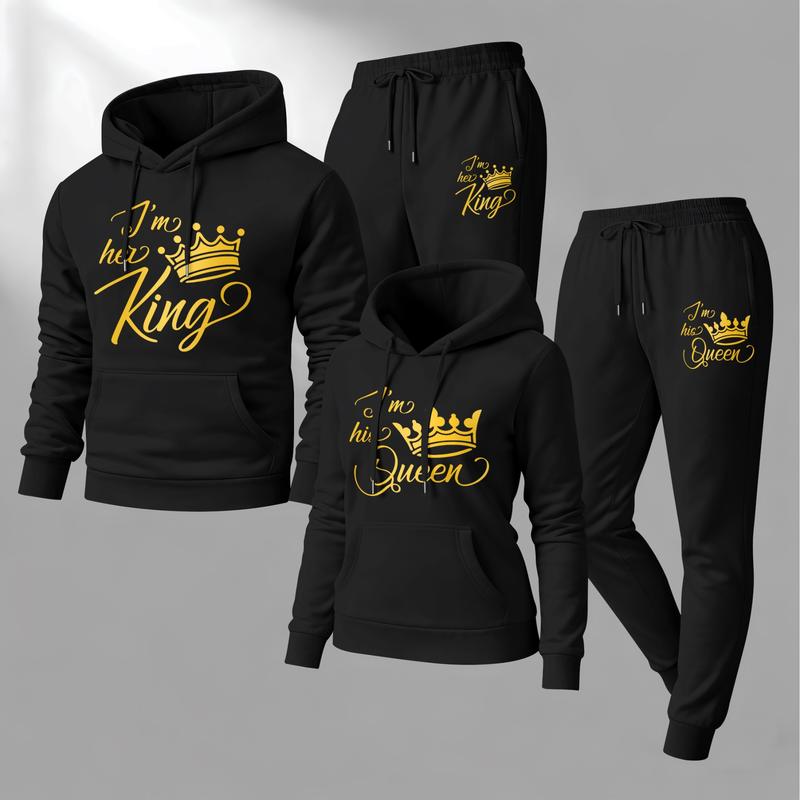Couple's King & Queen Print Hooded Sweatshirt and Drawstring Sweatpants Set, Casual Sportswear, Long-Sleeve Hooded Jacket and Pants, Suitable for Autumn and Winter, Everyday Wear, Tracksuit, Casual Athletic Wear