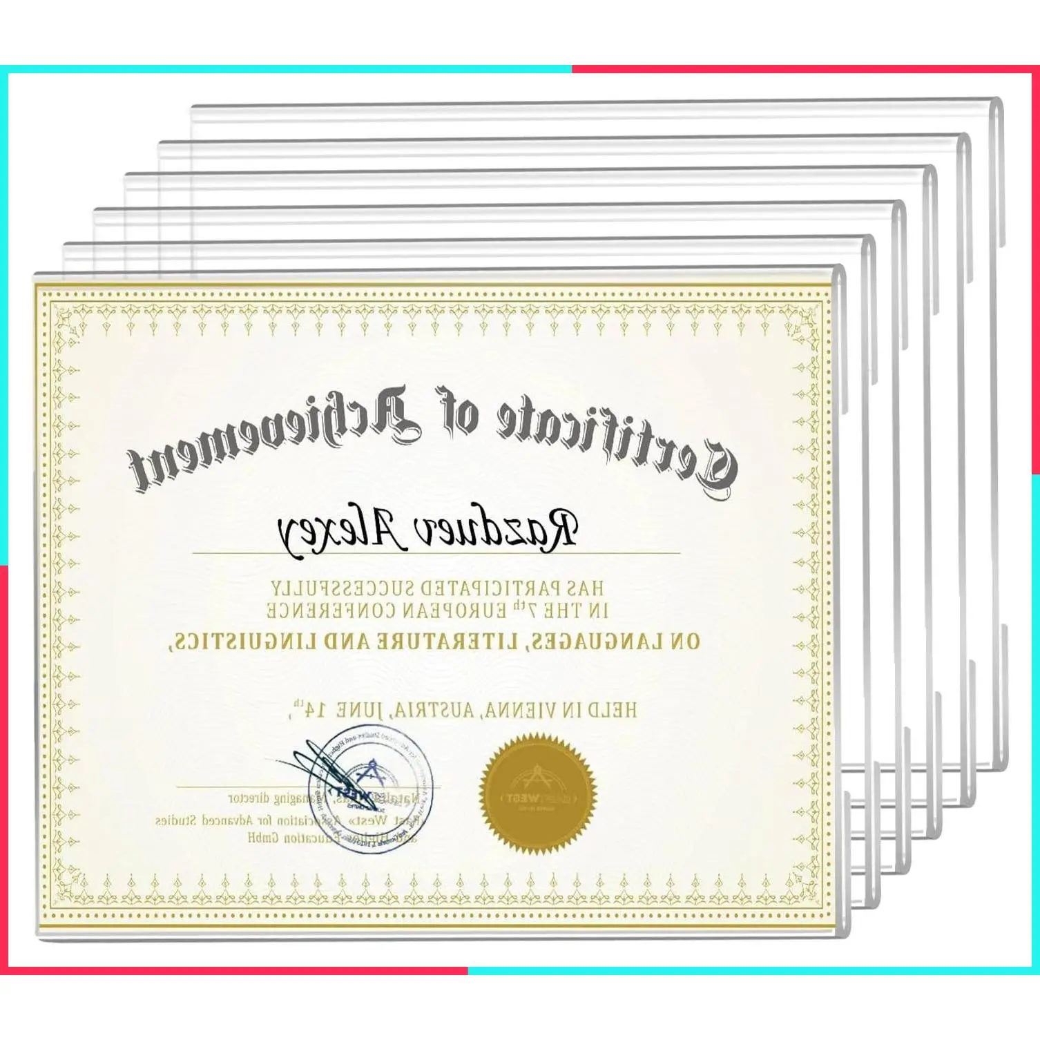8.5x11 Acrylic Picture Frame Set of 6, Clear Wall Mount Document Certificate Diploma Frames, Horizontal Display