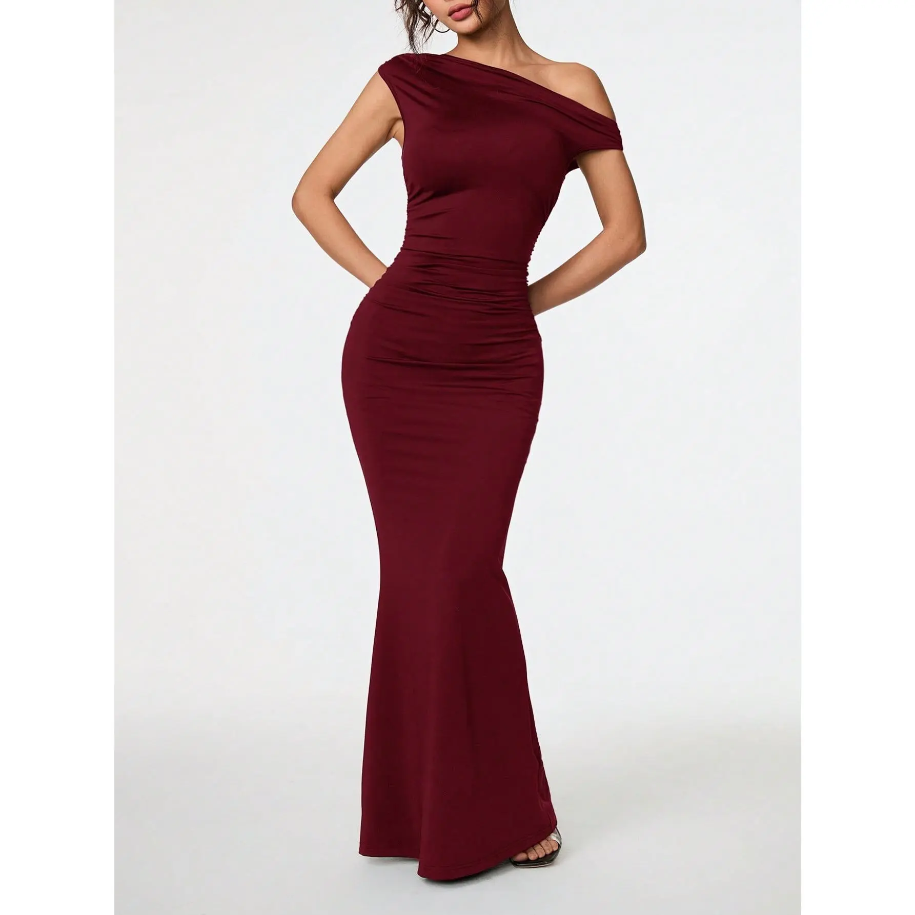 Women's Sleeveless Ruched Off-The-Shoulder Maxi Dress - Formal Wear for Lady, Bridal Guest, Cocktail, Anniversary Events, Breathable, Solid, Comfortable, Low Iron, Elegant, Flowing, Do Not Bleach, Chic