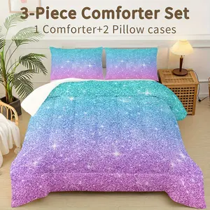 Large 3PCS Rainbow Duvet Cover Set, Colorful Blue & Pink Starry Sky Bedding