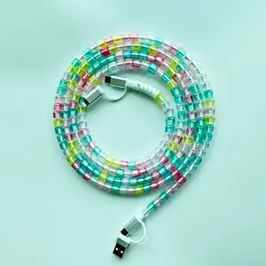 Decorative 4 In 1 Square Sugar Bead Cellphone Charging Cord 5.9Ft Up To 60W Quick Charge Compatible With All USB C And Lightning Enabled Devices Great Fast Charge Cable For Women Beaded Charging Cords