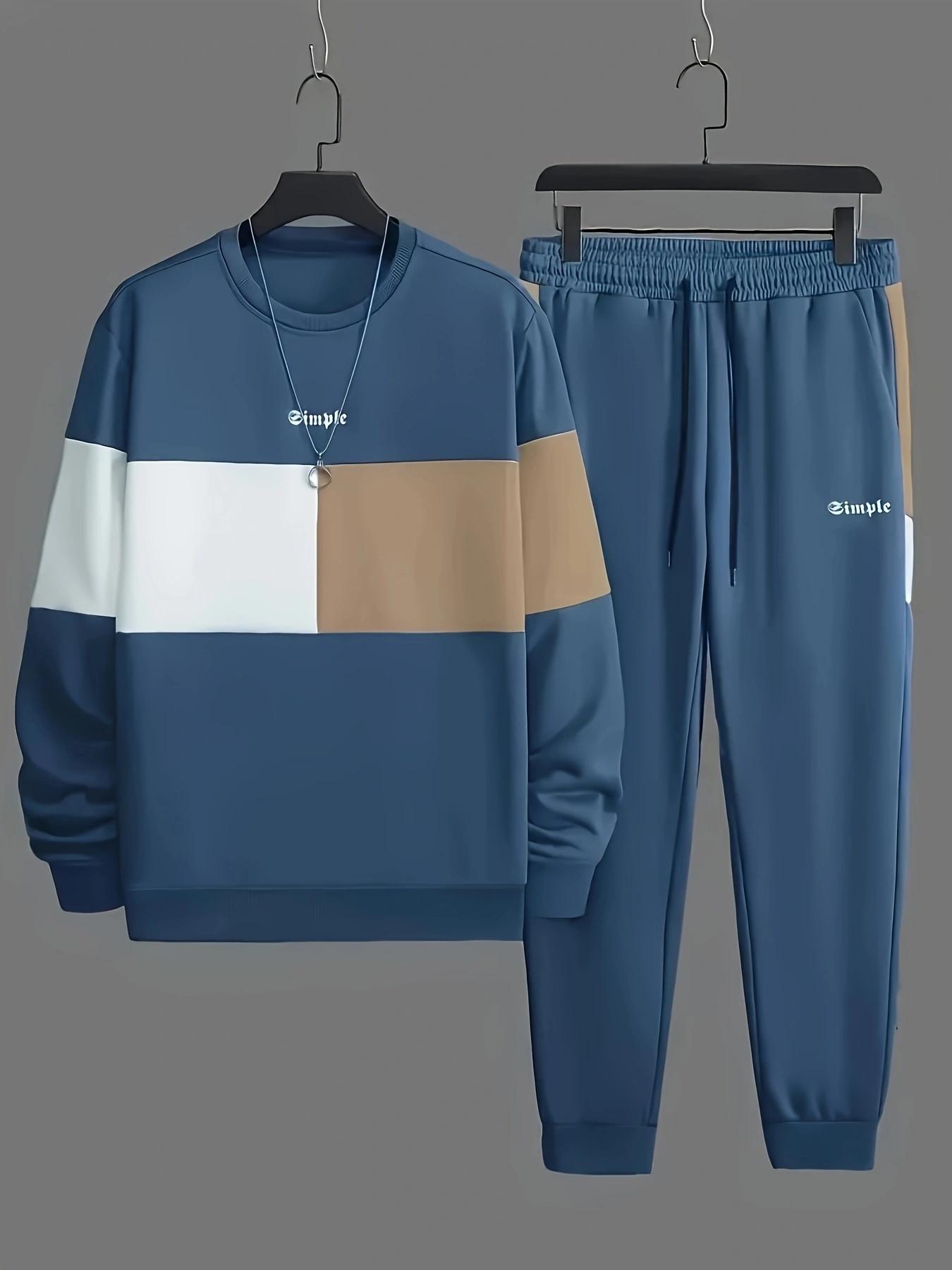 Men's color blocked 2-piece set, casual round neck long sleeved sweatshirt and sweatpants jogging pants set for winter and autumn, men's clothing