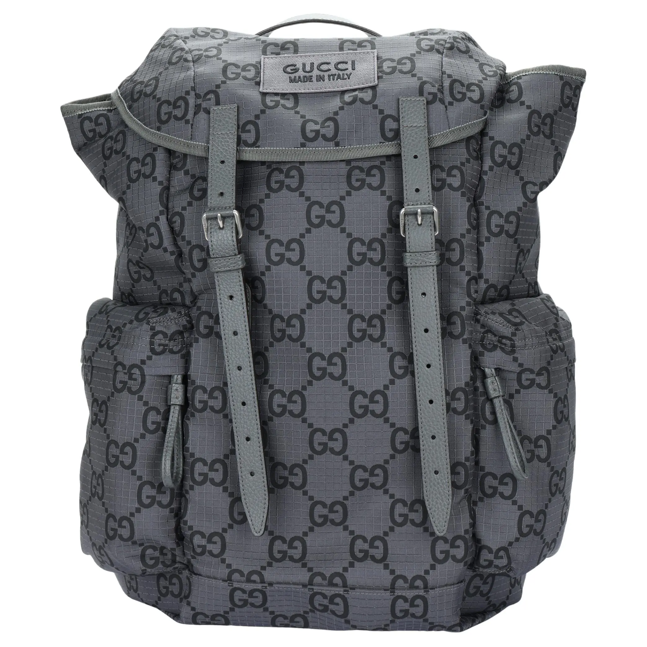Gucci Double G Logo Adjustable Backpack for Men – Regenerated Polyester with Satin Trim, Large Size, Dark Gray and Black