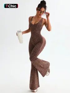 Women's Leopard Print Yoga Jumpsuit, Criss Cross & Backless Design, Casual Fashion Slim-Fit Jumpsuit for All Seasons, Comfortable Wear for Home and Daily Wear, Sports Jumpsuit