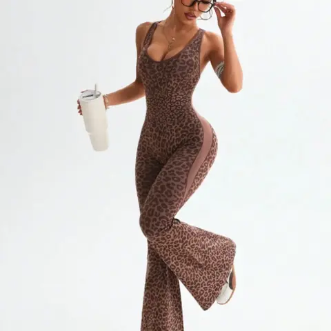 Women's Leopard Print Yoga Jumpsuit, Criss Cross & Backless Design, Casual Fashion Slim-Fit Jumpsuit for All Seasons, Summer Jumpsuits, Sleeveless Sporty Jumpsuit, Comfortable Wear for Home and Daily Wear, Sports Jumpsuit, Yoga Workout Jumpsuits